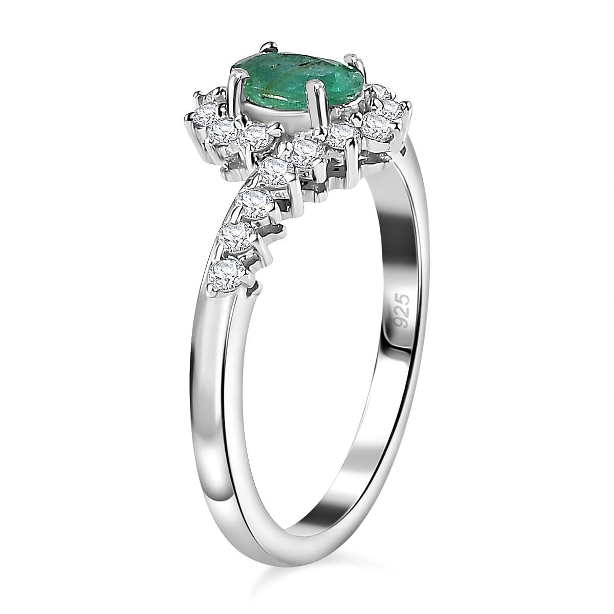 Emerald and Natural Zircon Bypass Halo Ring in Platinum Overlay Sterling Silver 7778634 3