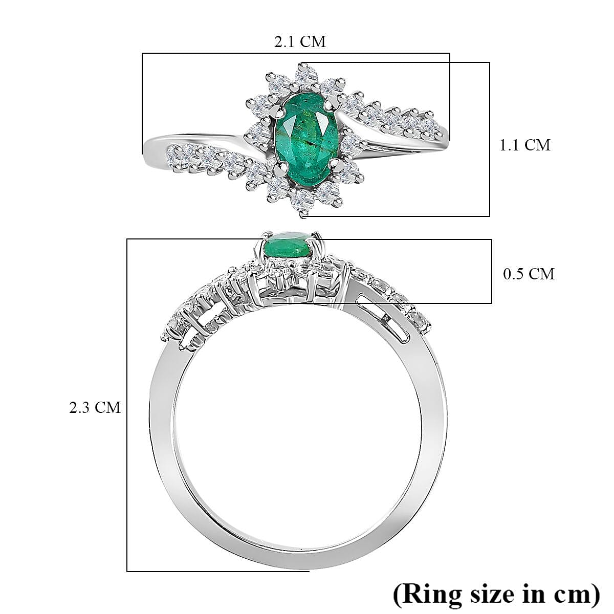 Emerald and Natural Zircon Bypass Halo Ring in Platinum Overlay Sterling Silver 7778634 5