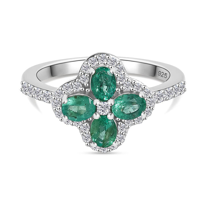 AAA Gemfield Emerald &amp; White Zircon Ring in Rhodium Overlay Sterling Silver 1.12 Ct. 8110064 1