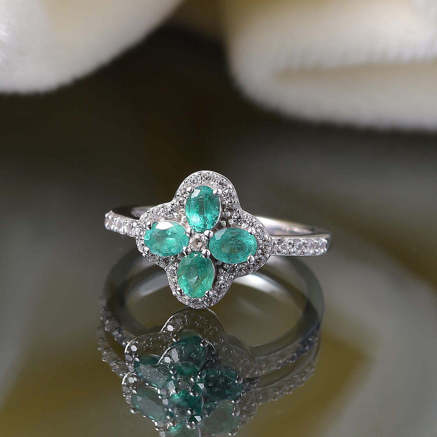 AAA Gemfield Emerald &amp; White Zircon Ring in Rhodium Overlay Sterling Silver 1.12 Ct. 8110064 2