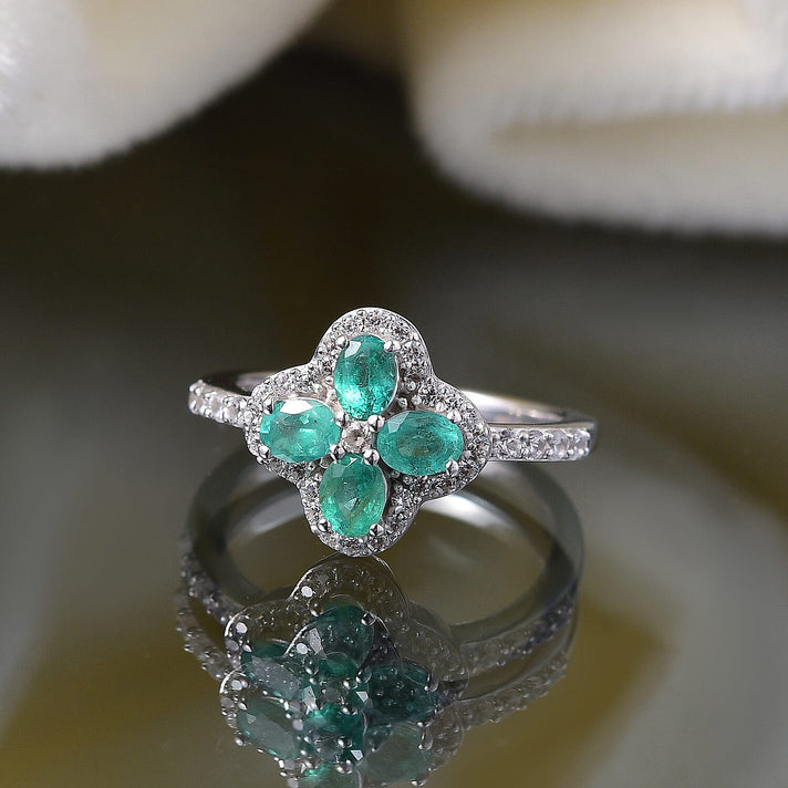 AAA Gemfield Emerald &amp; White Zircon Ring in Rhodium Overlay Sterling Silver 1.12 Ct. 8110064 2