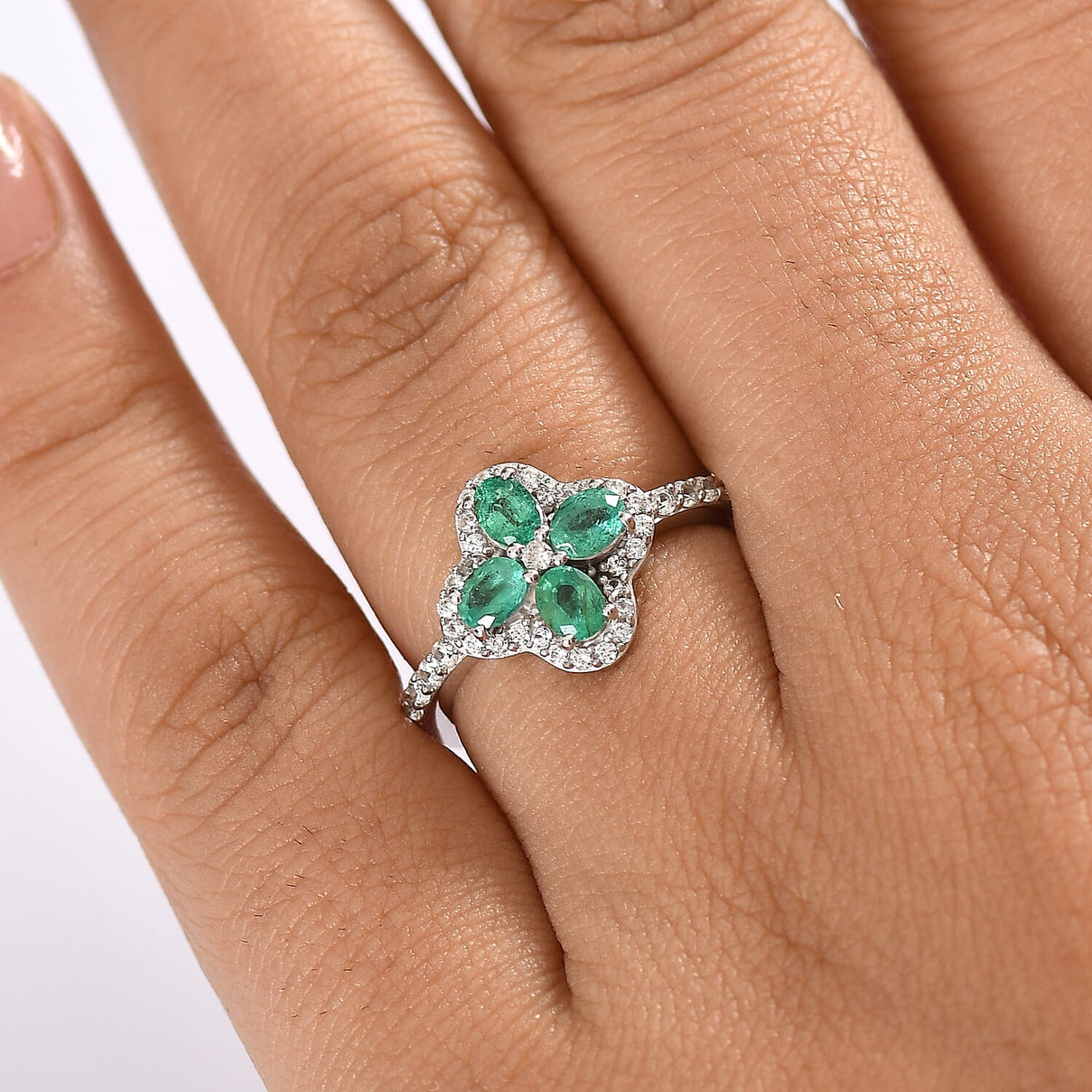 AAA Gemfield Emerald &amp; White Zircon Ring in Rhodium Overlay Sterling Silver 1.12 Ct. 8110064 3