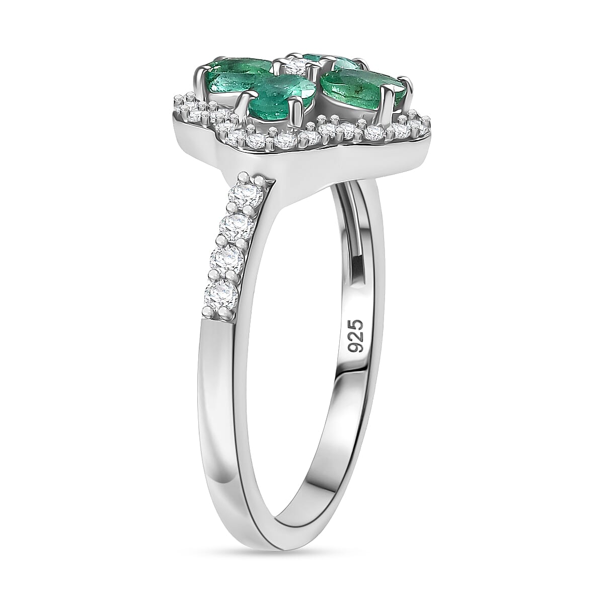 AAA Gemfield Emerald &amp; White Zircon Ring in Rhodium Overlay Sterling Silver 1.12 Ct. 8110064 4