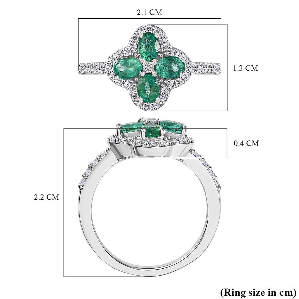AAA Gemfield Emerald & White Zircon Ring in Rhodium Overlay Sterling Silver 1.12 Ct.