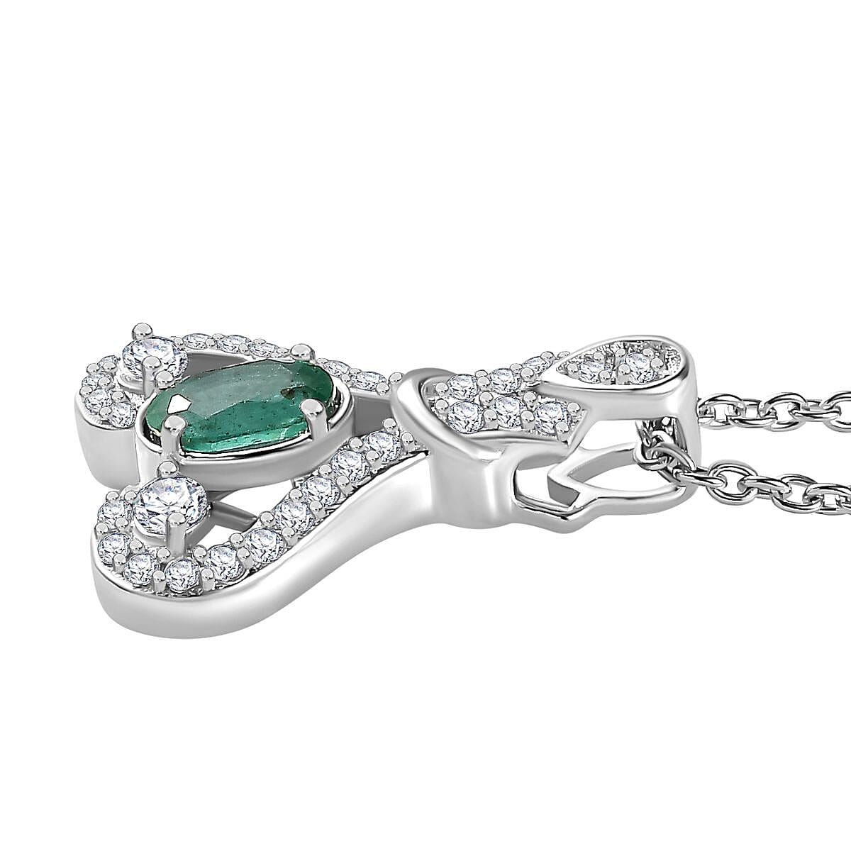 AAA Gemfields Emerald &amp; Natural Zircon Pendant with Chain (Size 20) in Platinum Overlay Sterling Silver 4264320 3
