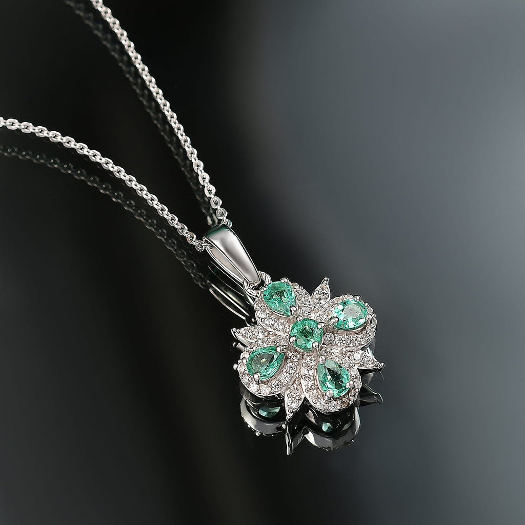 AAA Gemfield Emerald & White Zircon Pendant with Chain (Size 20) in Rhodium Overlay Sterling Silver 1.25 Ct.