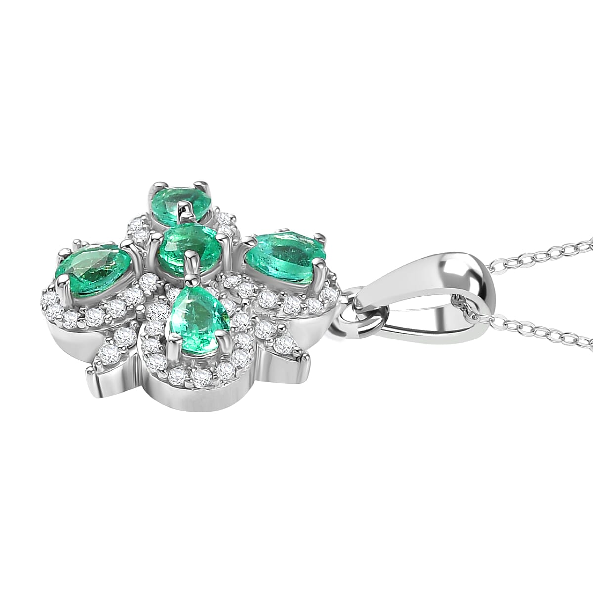 AAA Gemfield Emerald &amp; White Zircon Pendant with Chain (Size 20) in Rhodium Overlay Sterling Silver 1.25 Ct. 4370278 4