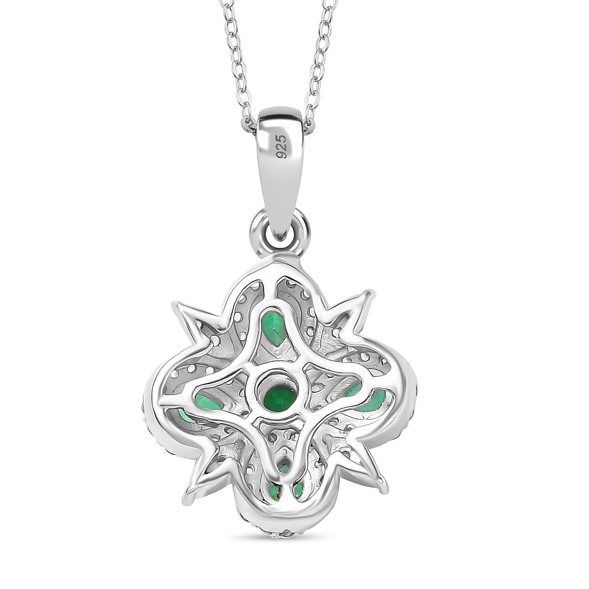 AAA Gemfield Emerald &amp; White Zircon Pendant with Chain (Size 20) in Rhodium Overlay Sterling Silver 1.25 Ct. 4370278 5