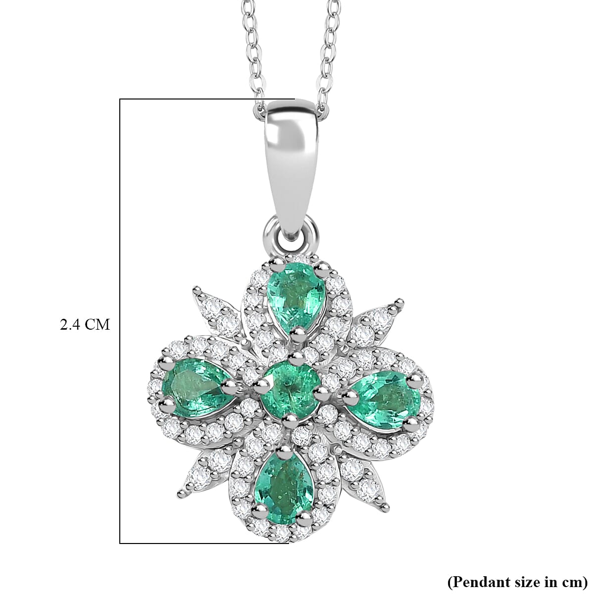 AAA Gemfield Emerald &amp; White Zircon Pendant with Chain (Size 20) in Rhodium Overlay Sterling Silver 1.25 Ct. 4370278 6