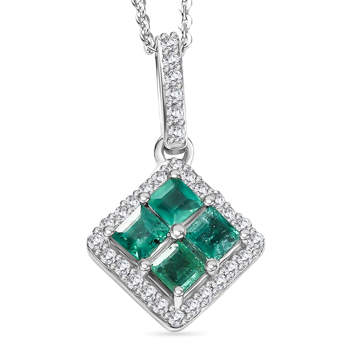 AAA Gemfields Emerald and White Zircon Square Pendant with Chain (Size 20) in Rhodium Overlay Sterling Silver 4371901 0