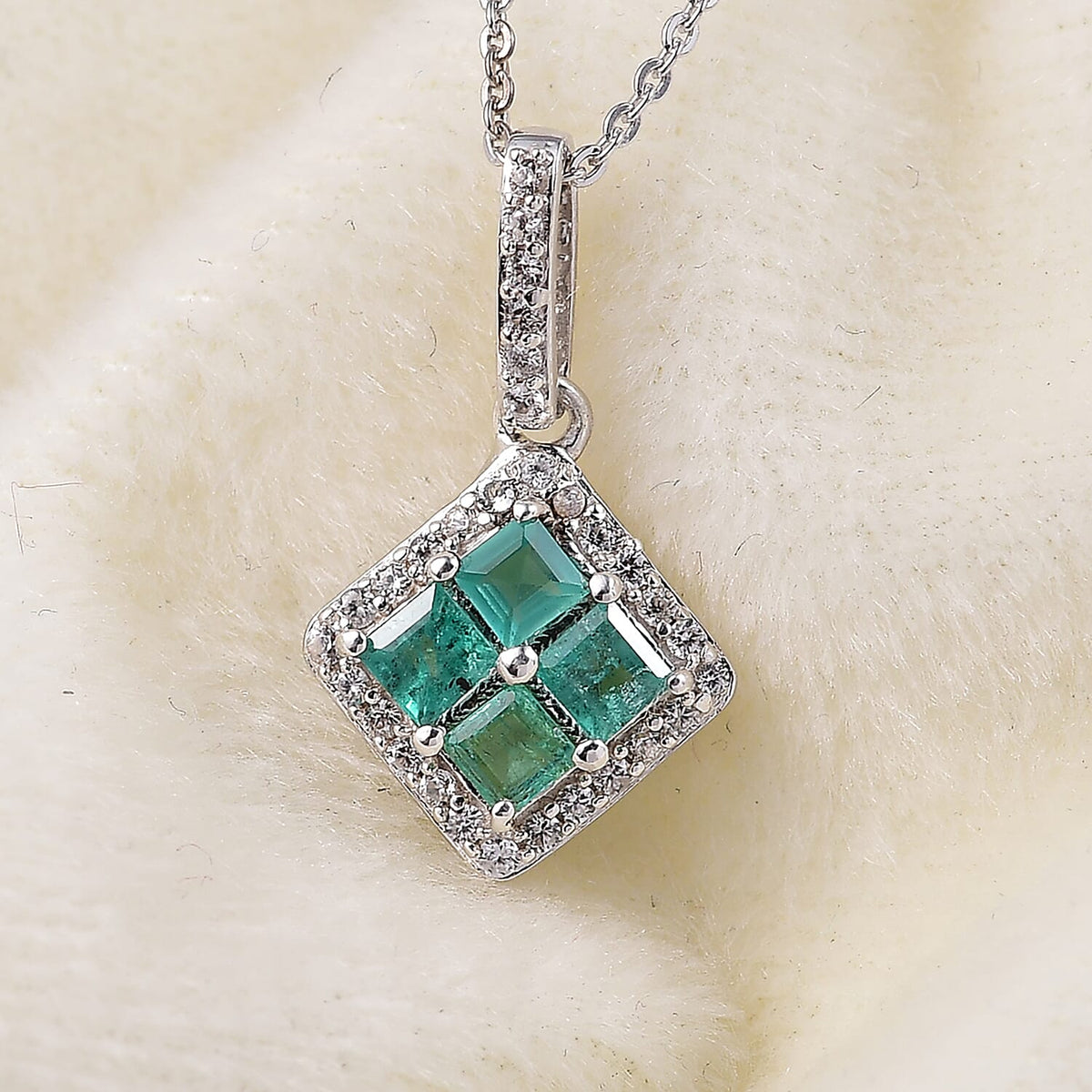 AAA Gemfields Emerald and White Zircon Square Pendant with Chain (Size 20) in Rhodium Overlay Sterling Silver 4371901 2