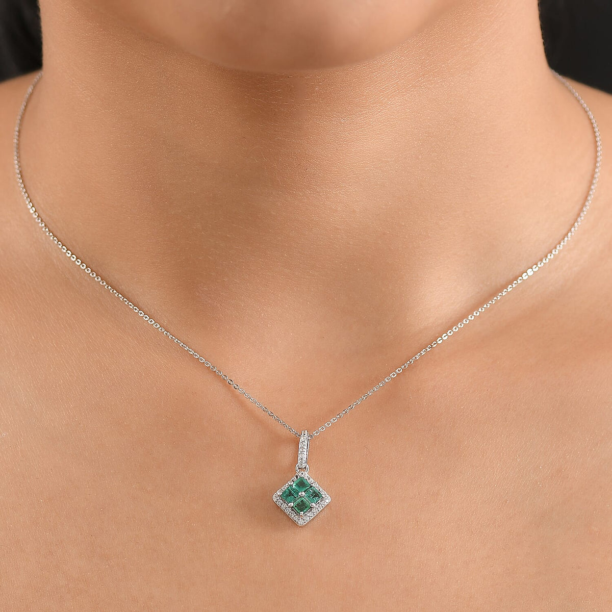 AAA Gemfields Emerald and White Zircon Square Pendant with Chain (Size 20) in Rhodium Overlay Sterling Silver 4371901 3