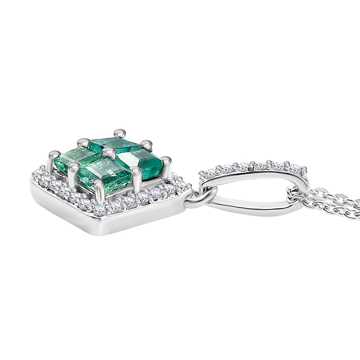 AAA Gemfields Emerald and White Zircon Square Pendant with Chain (Size 20) in Rhodium Overlay Sterling Silver 4371901 4
