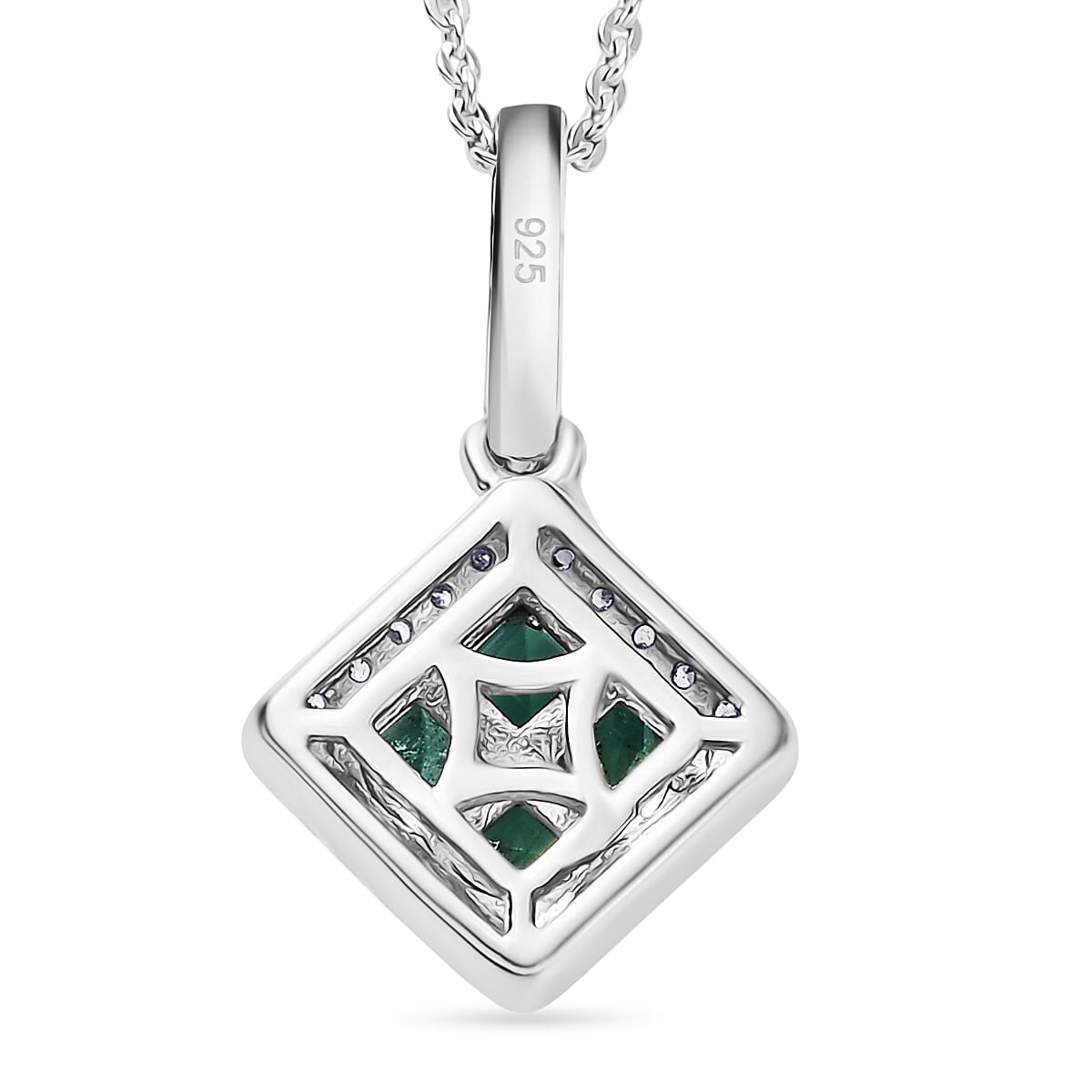 AAA Gemfields Emerald and White Zircon Square Pendant with Chain (Size 20) in Rhodium Overlay Sterling Silver 4371901 5