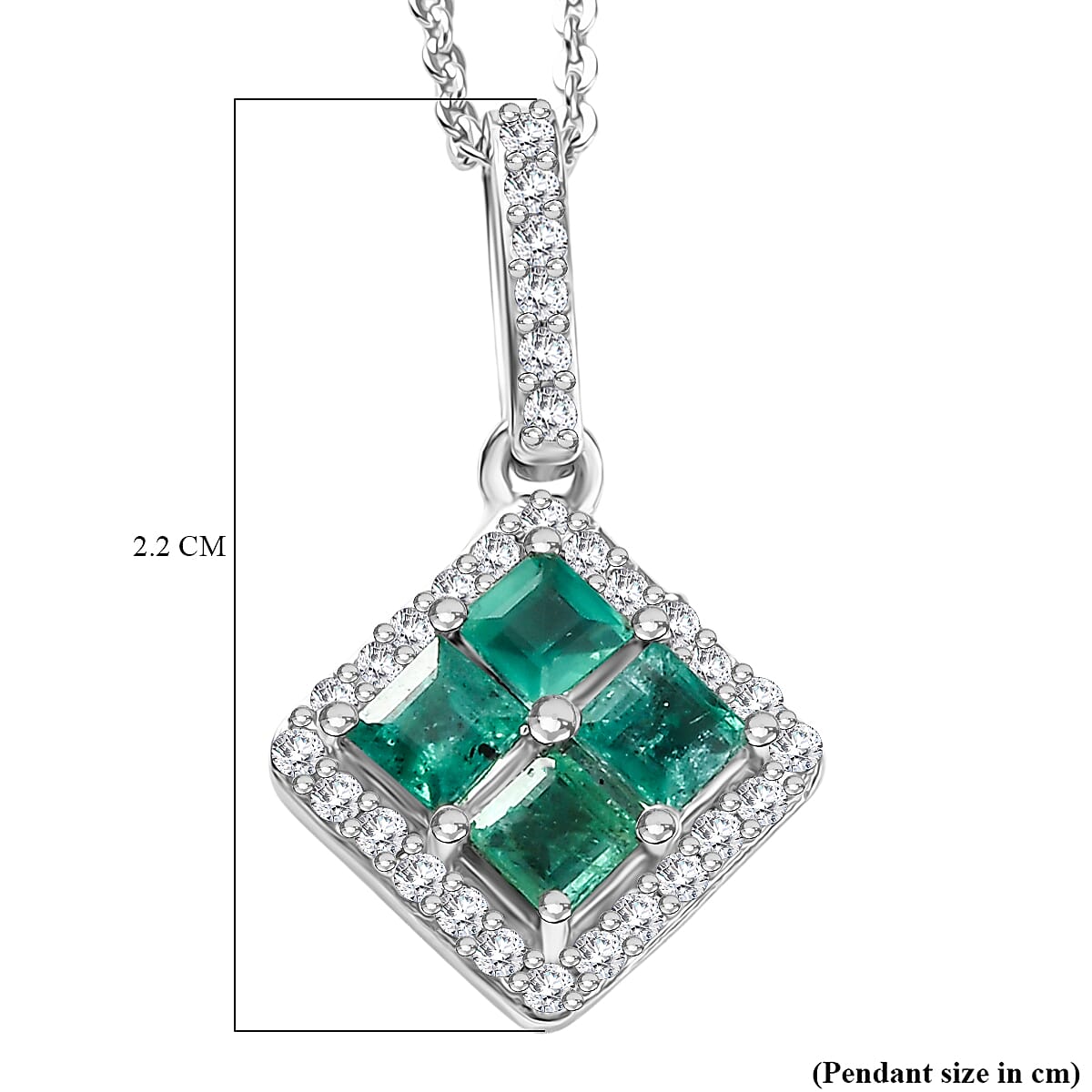 AAA Gemfields Emerald and White Zircon Square Pendant with Chain (Size 20) in Rhodium Overlay Sterling Silver 4371901 6