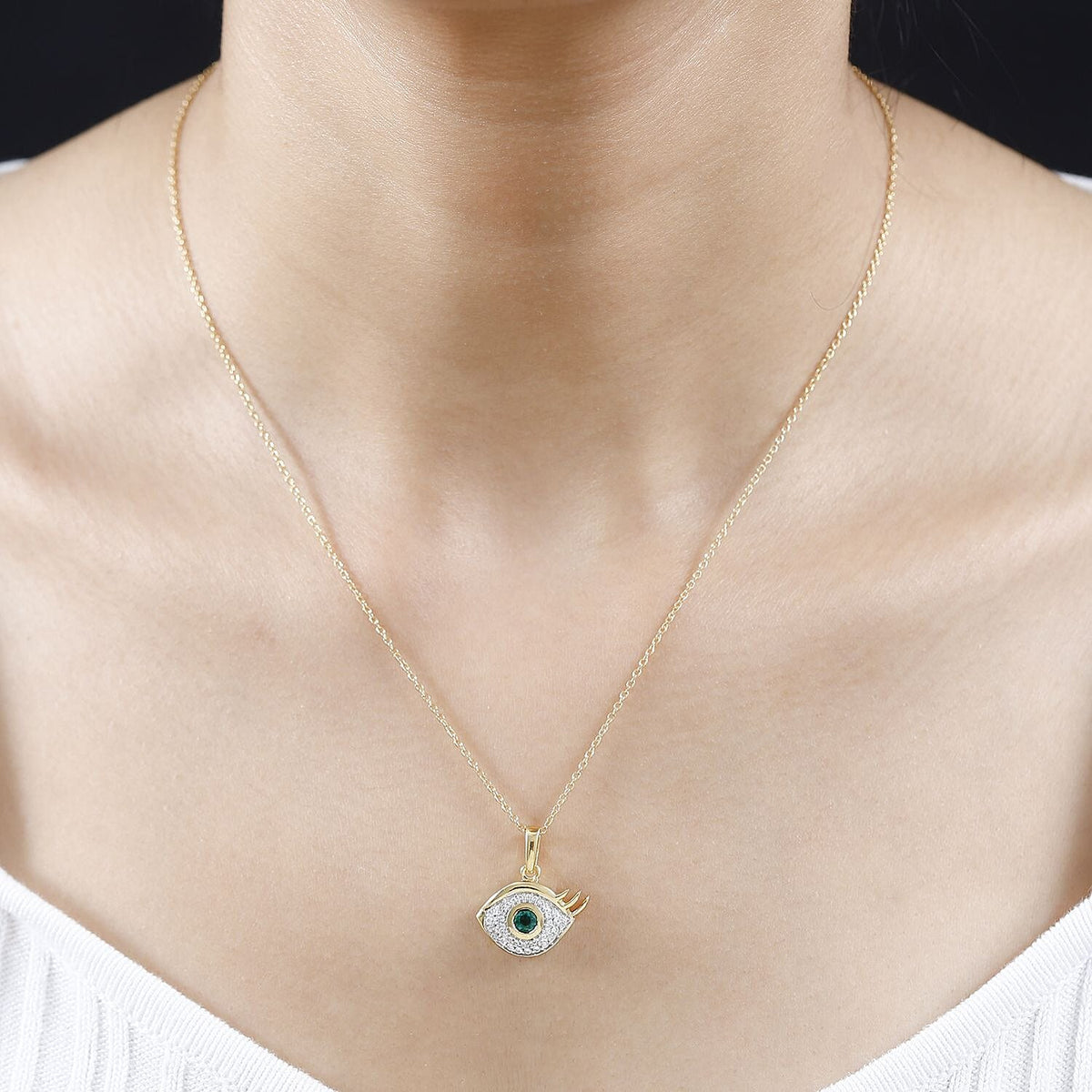 AAA Gemfields Emerald &amp; Natural Zircon Eye Pendant with Chain (Size 20) in 18K Gold Vermeil Sterling Silver 4264331 2