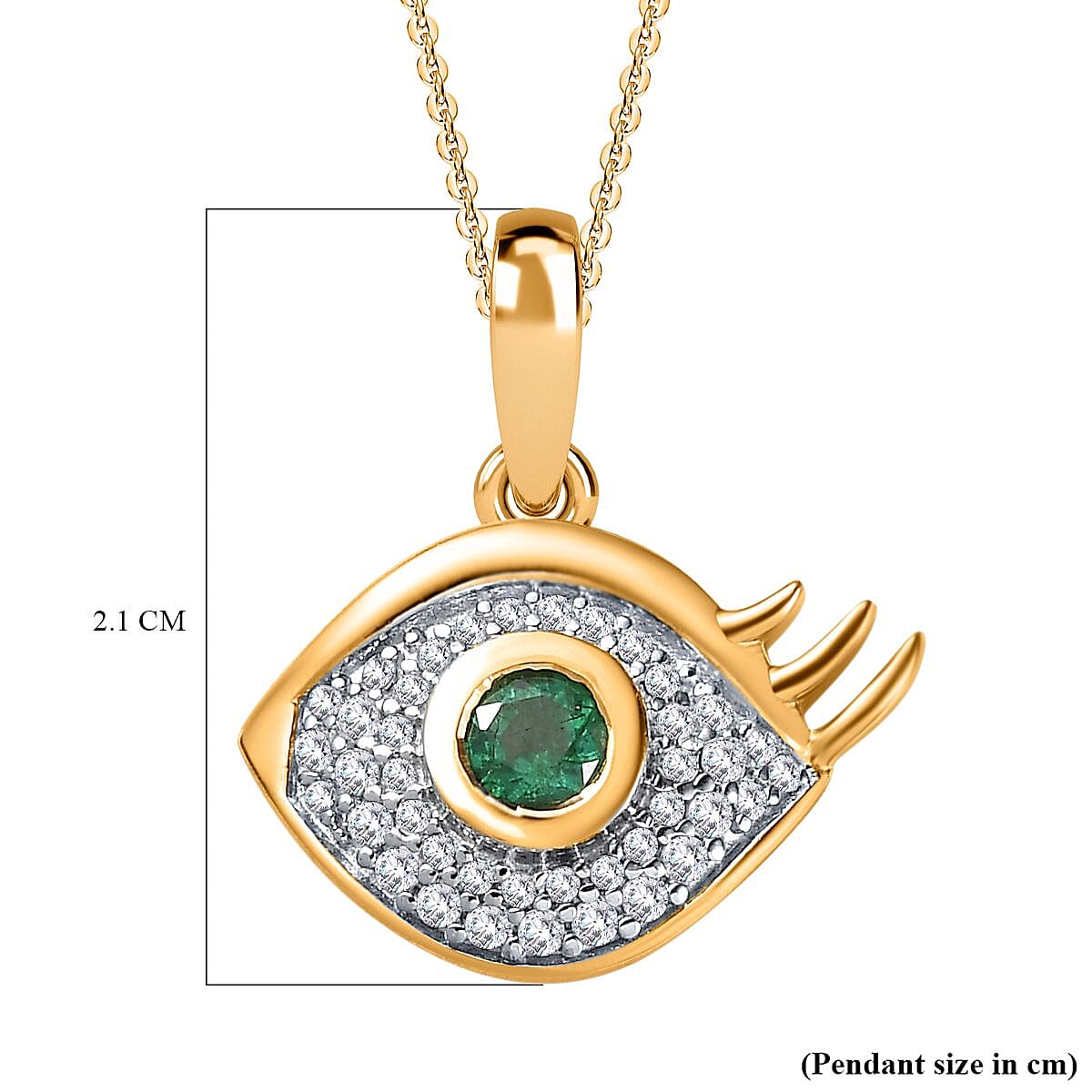 AAA Gemfields Emerald &amp; Natural Zircon Eye Pendant with Chain (Size 20) in 18K Gold Vermeil Sterling Silver 4264331 5