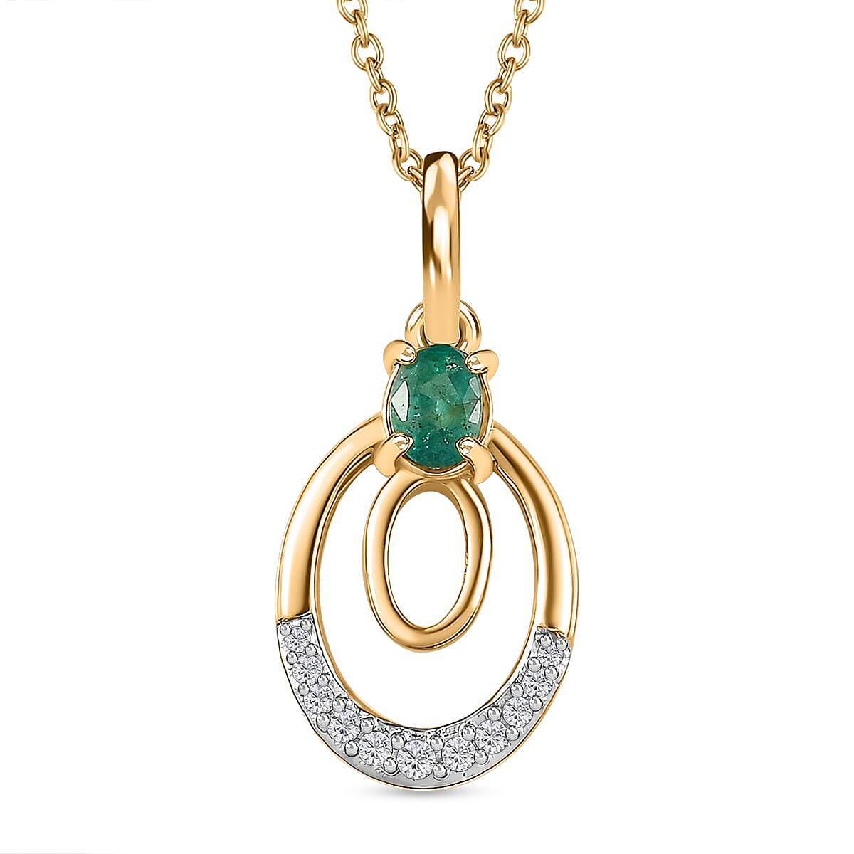 AAA Gemfields Emerald &amp; Natural Zircon Pendant with Chain (Size 20) in 18K Gold Vermeil Sterling Silver 4264357 0