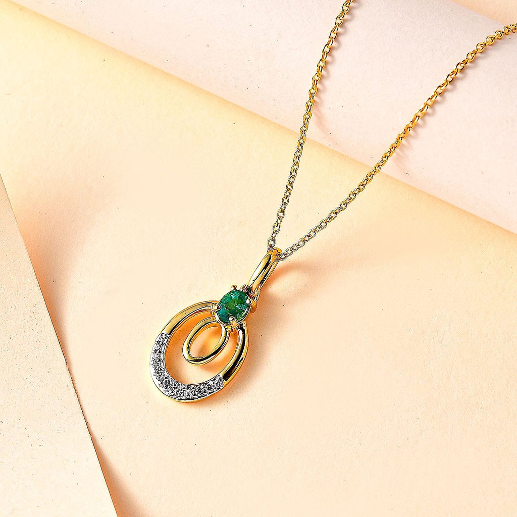AAA Gemfields Emerald & Natural Zircon Pendant with Chain (Size 20) in 18K Gold Vermeil Sterling Silver