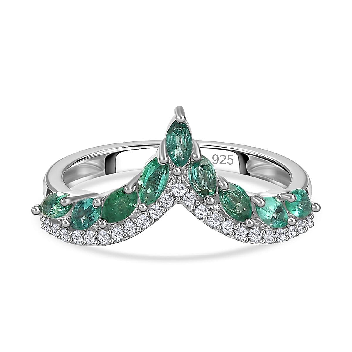 AAA Gemfields Emerald &amp; Natural Zircon Wishbone Ring in Platinum Overlay Sterling Silver 7757540 0