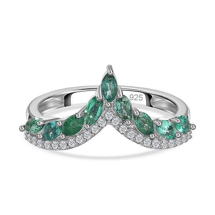 AAA Gemfields Emerald &amp; Natural Zircon Wishbone Ring in Platinum Overlay Sterling Silver 7757540 1
