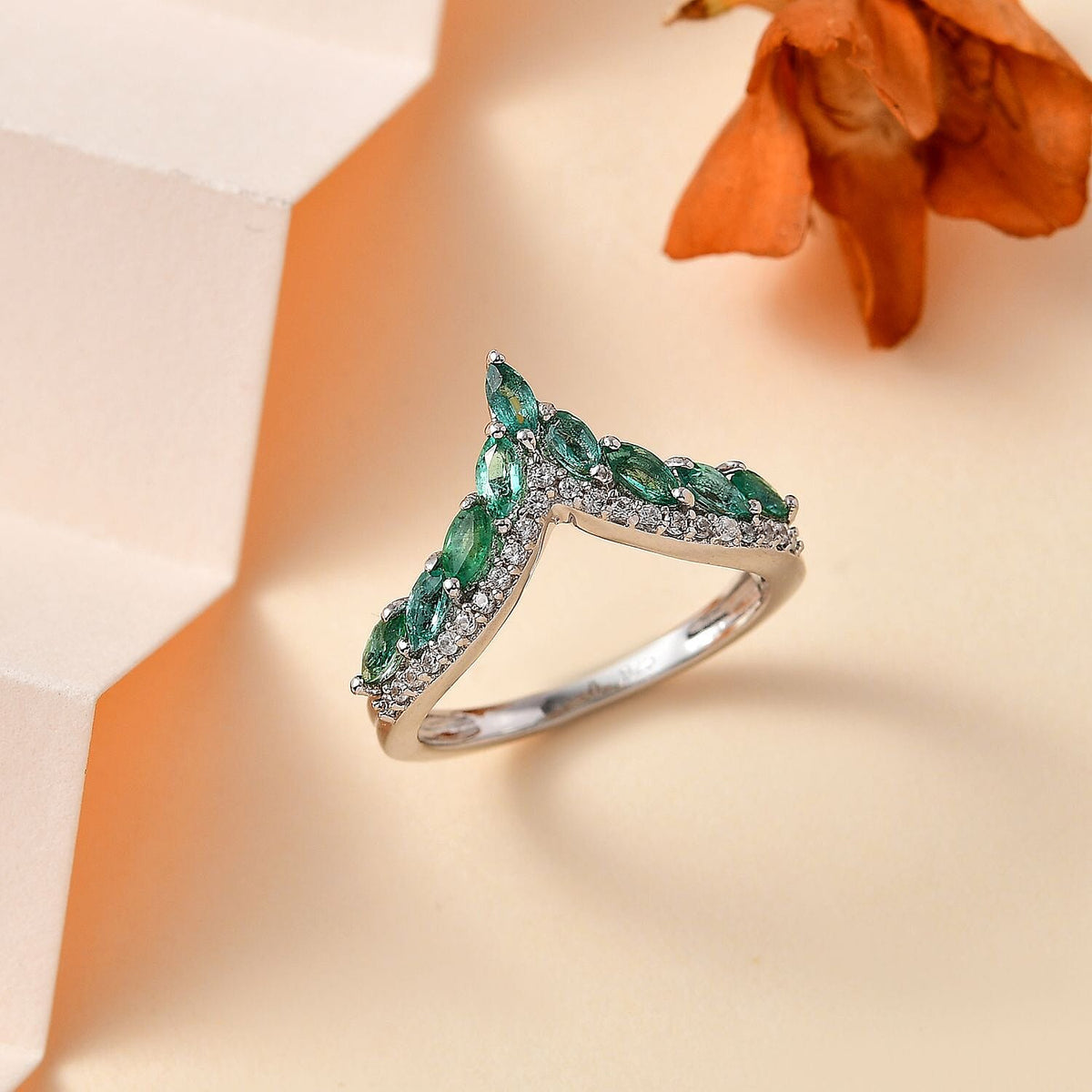 AAA Gemfields Emerald &amp; Natural Zircon Wishbone Ring in Platinum Overlay Sterling Silver 7757540 1