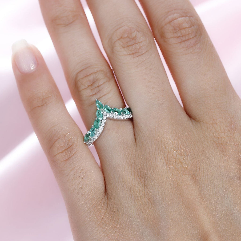 AAA Gemfields Emerald & Natural Zircon Wishbone Ring in Platinum Overlay Sterling Silver