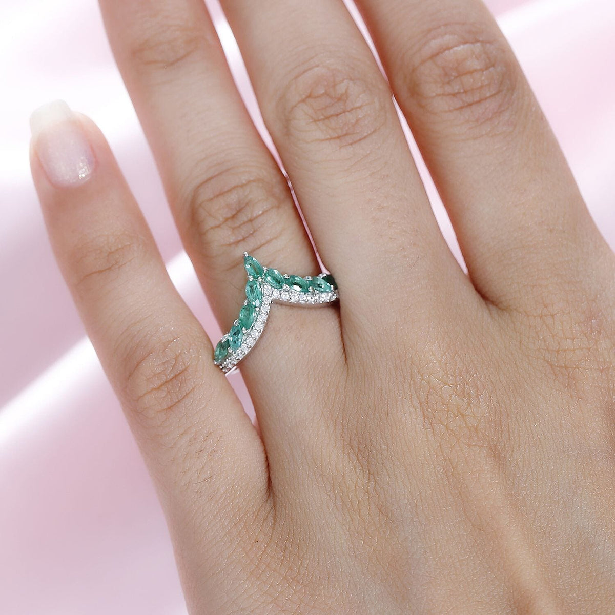 AAA Gemfields Emerald &amp; Natural Zircon Wishbone Ring in Platinum Overlay Sterling Silver 7757540 2