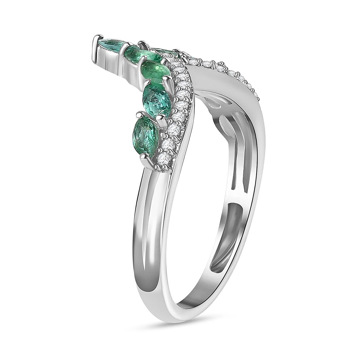 AAA Gemfields Emerald &amp; Natural Zircon Wishbone Ring in Platinum Overlay Sterling Silver 7757540 3