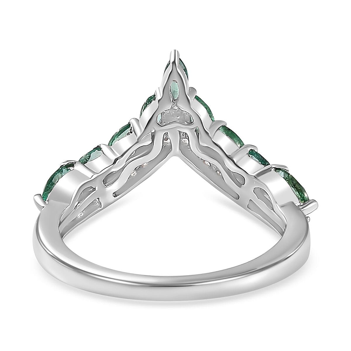 AAA Gemfields Emerald &amp; Natural Zircon Wishbone Ring in Platinum Overlay Sterling Silver 7757540 4