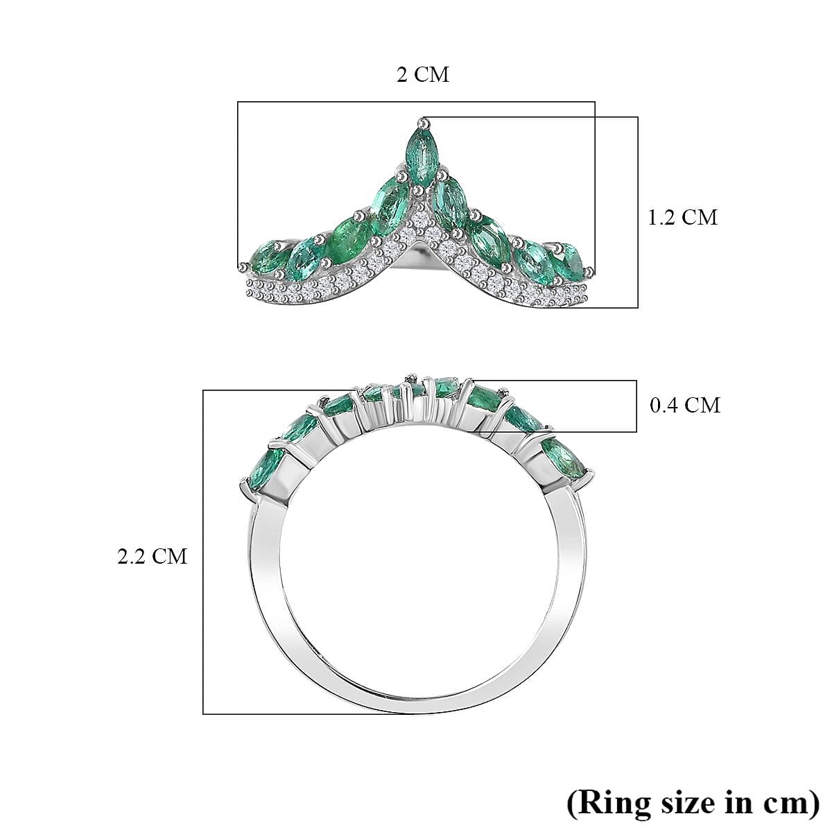 AAA Gemfields Emerald &amp; Natural Zircon Wishbone Ring in Platinum Overlay Sterling Silver 7757540 5