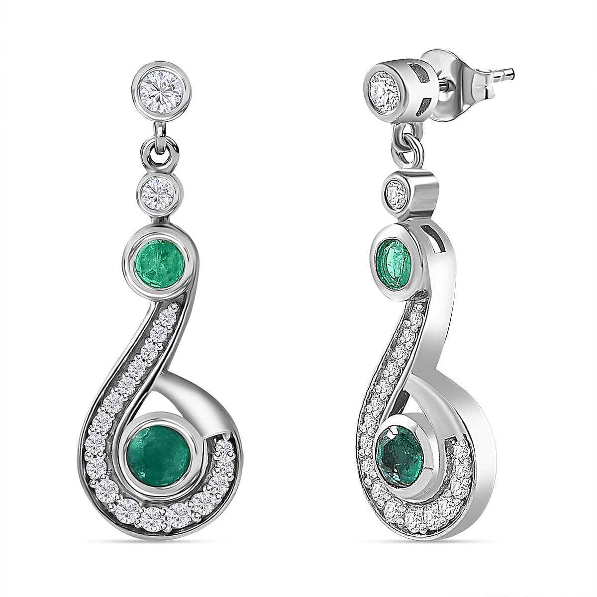 AAA Gemfields Emerald &amp; Natural Zircon Dangle Earrings in Platinum Overlay Sterling Silver 1.33 Ct 7757596 0