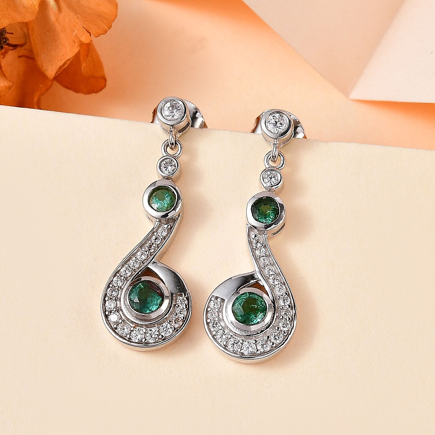 AAA Gemfields Emerald &amp; Natural Zircon Dangle Earrings in Platinum Overlay Sterling Silver 1.33 Ct 7757596 1