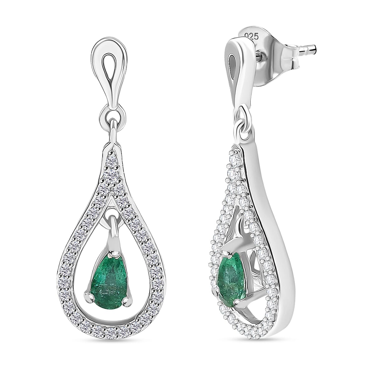 AAA Gemfield Emerald &amp; White Zircon Solitaire Stud Push Post Earring in Rhodium Overlay Sterling Silver 8104576 0