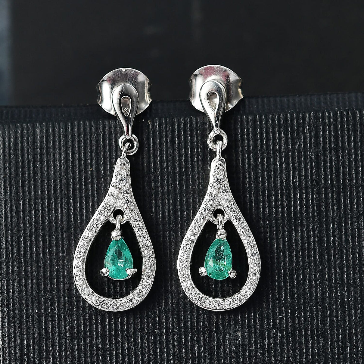 AAA Gemfield Emerald &amp; White Zircon Solitaire Stud Push Post Earring in Rhodium Overlay Sterling Silver 8104576 2