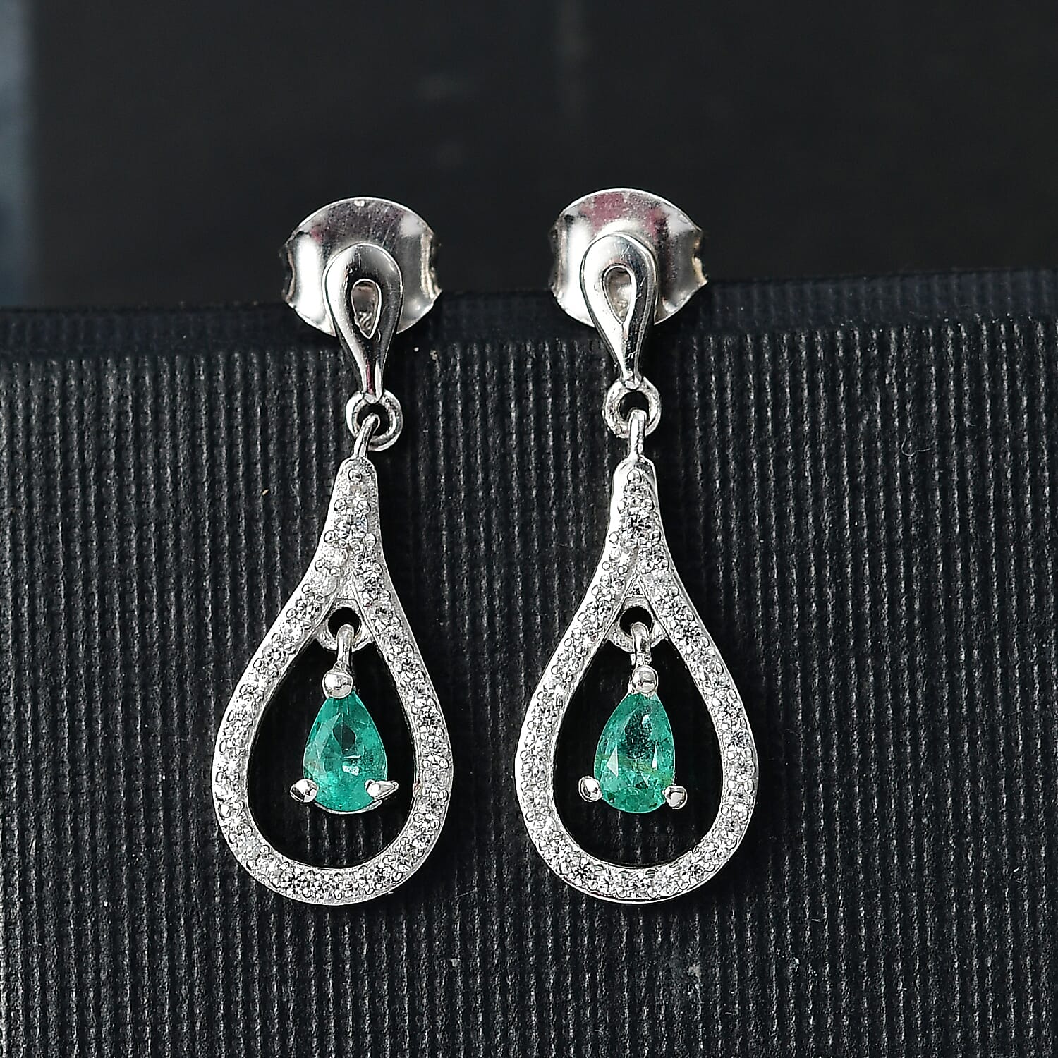 AAA Gemfield Emerald &amp; White Zircon Solitaire Stud Push Post Earring in Rhodium Overlay Sterling Silver 8104576 2