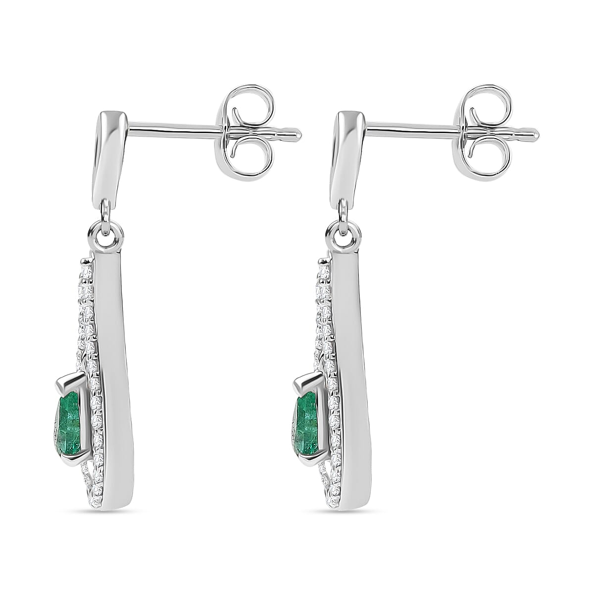 AAA Gemfield Emerald &amp; White Zircon Solitaire Stud Push Post Earring in Rhodium Overlay Sterling Silver 8104576 4