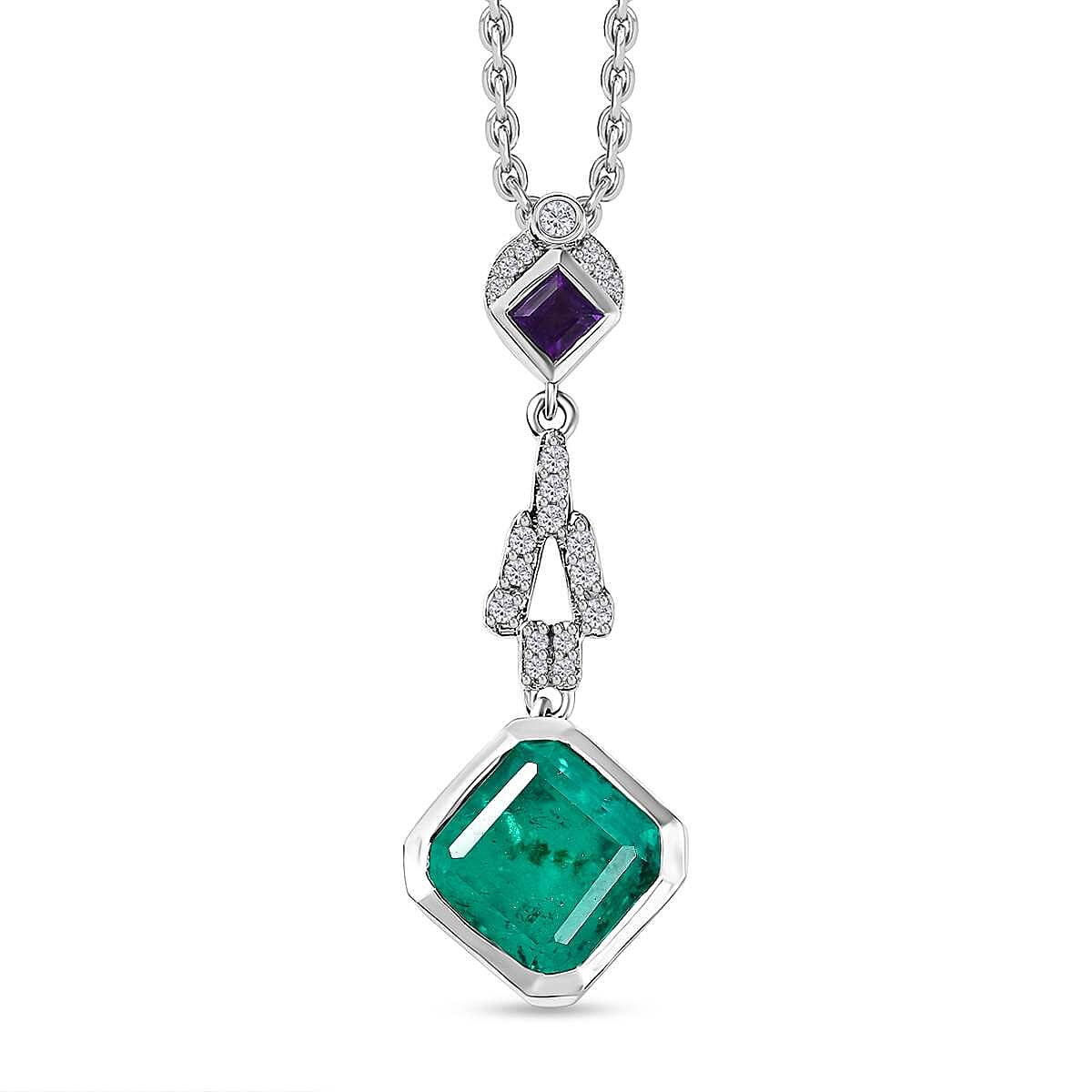 Emeraldine Triplet Quartz, African Amethyst, White Zircon Pendant with Chain (Size 20) in Rhodium Plated Sterling Silver, Silver Wt. 5.36 Gms 4.980 Ct. 4288846 0