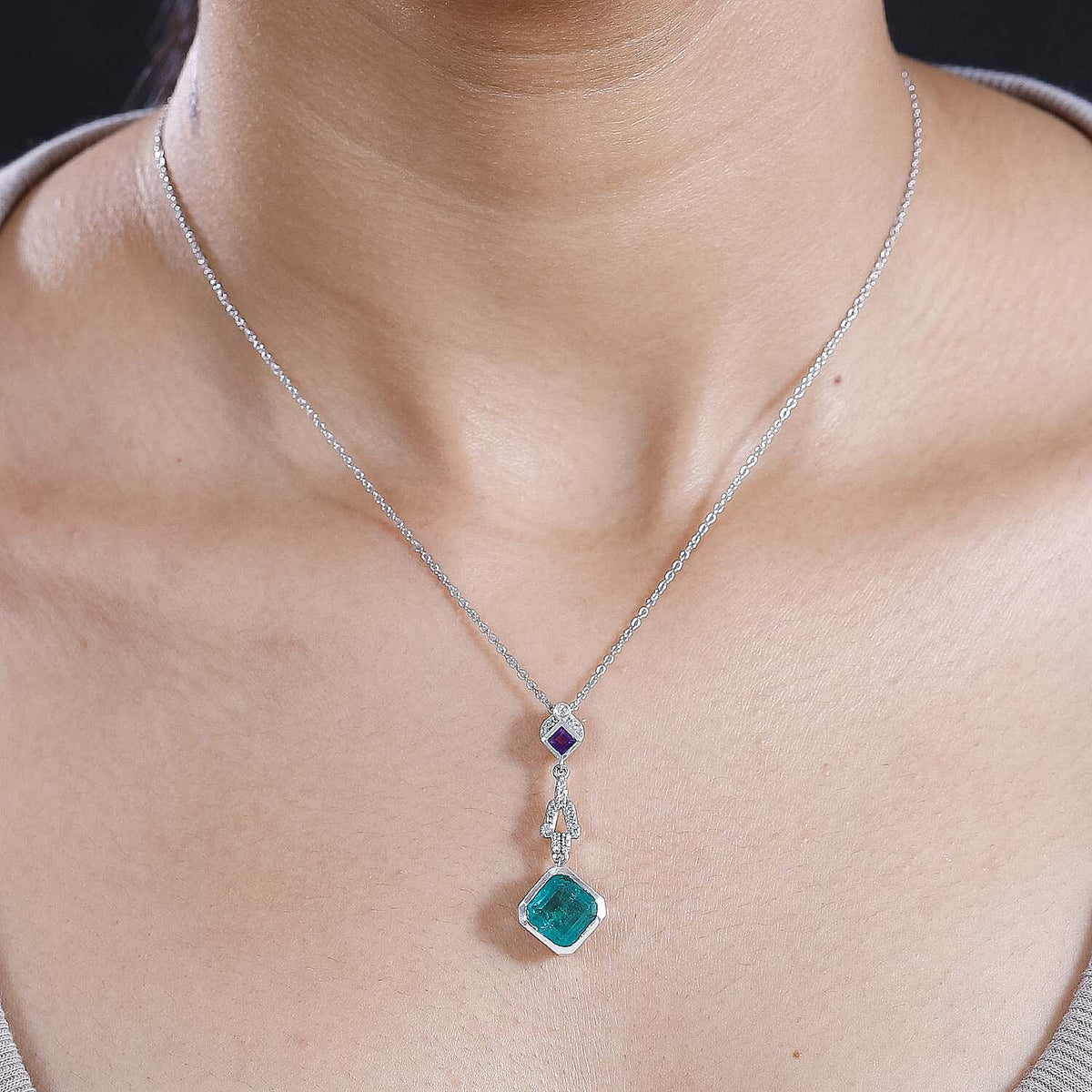 Emeraldine Triplet Quartz, African Amethyst, White Zircon Pendant with Chain (Size 20) in Rhodium Plated Sterling Silver, Silver Wt. 5.36 Gms 4.980 Ct. 4288846 2