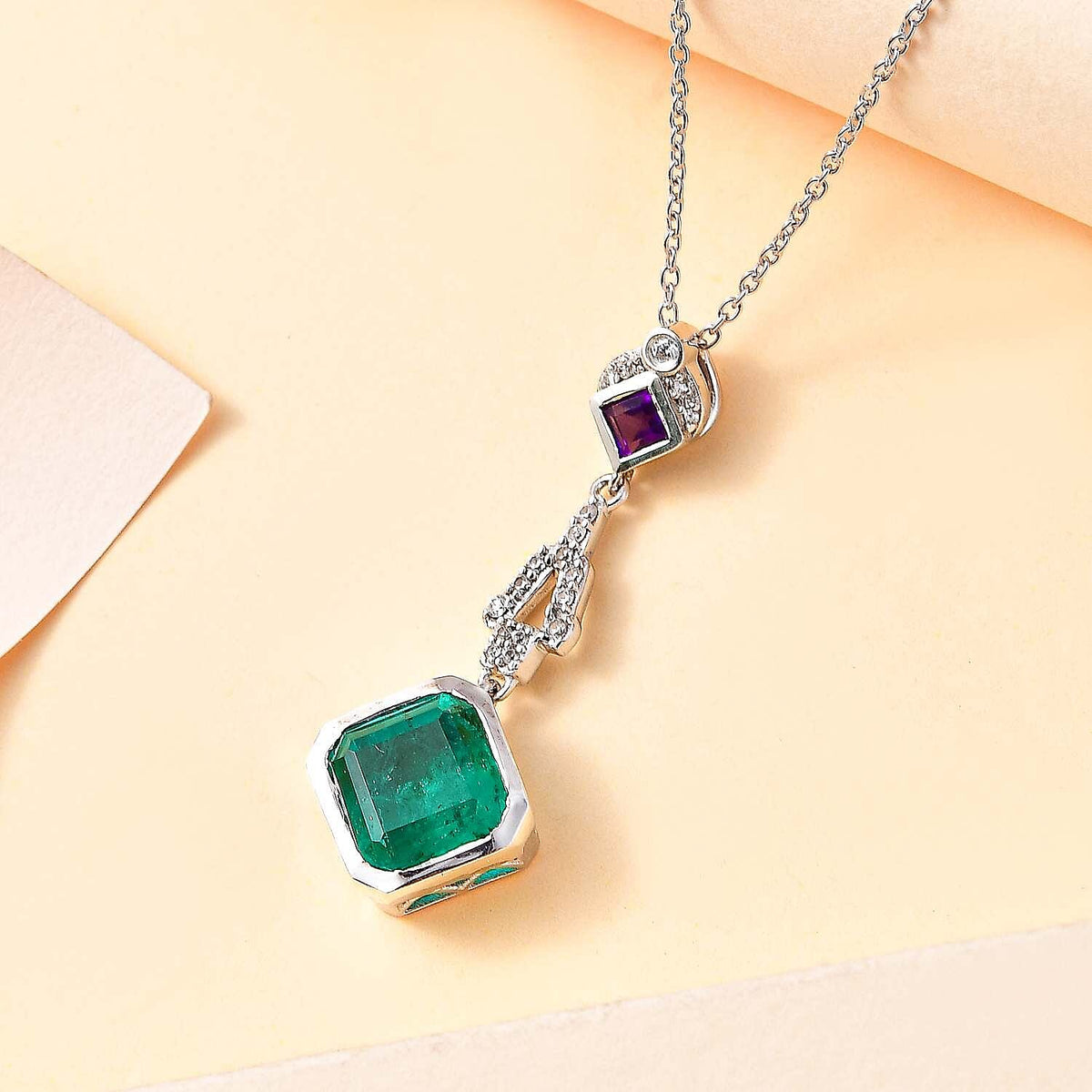 Emeraldine Triplet Quartz, African Amethyst, White Zircon Pendant with Chain (Size 20) in Rhodium Plated Sterling Silver, Silver Wt. 5.36 Gms 4.980 Ct. 4288846 3