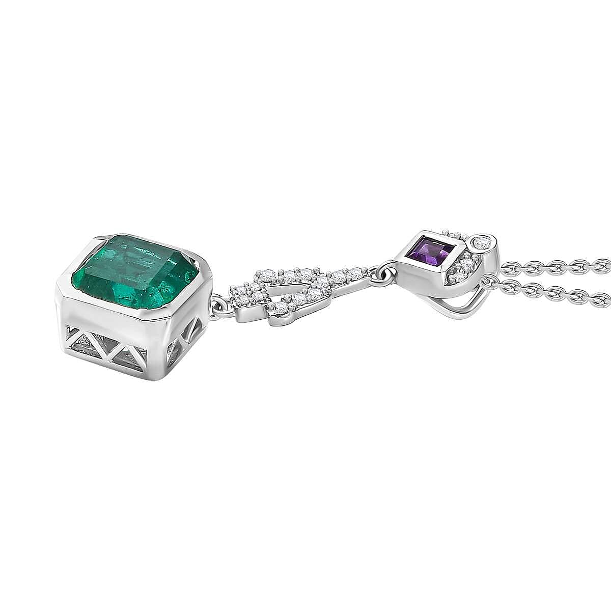 Emeraldine Triplet Quartz, African Amethyst, White Zircon Pendant with Chain (Size 20) in Rhodium Plated Sterling Silver, Silver Wt. 5.36 Gms 4.980 Ct. 4288846 4