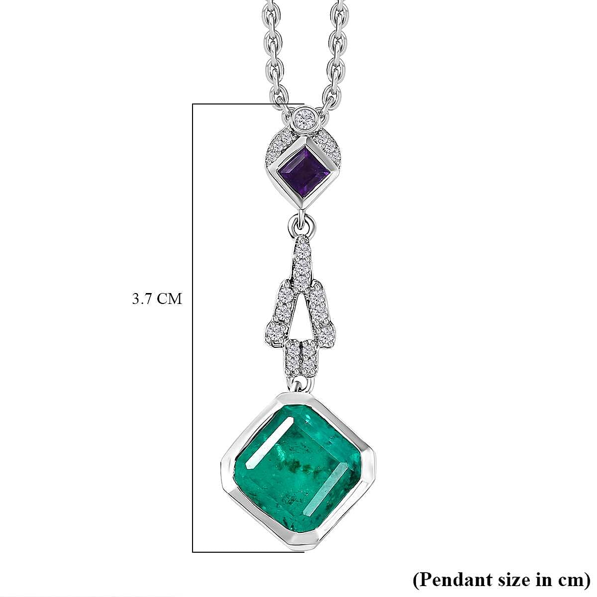 Emeraldine Triplet Quartz, African Amethyst, White Zircon Pendant with Chain (Size 20) in Rhodium Plated Sterling Silver, Silver Wt. 5.36 Gms 4.980 Ct. 4288846 7