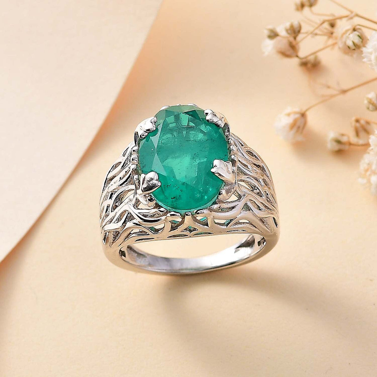Emeraldine Triplet Quartz Solitaire Ring in Rhodium Plated Sterling Silver, Silver Wt. 6.15 Gms 6.300 Ct. 7826577 2