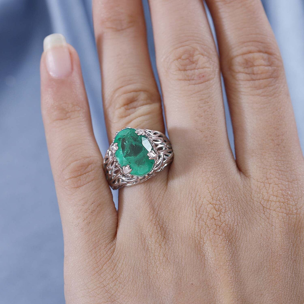 Emeraldine Triplet Quartz Solitaire Ring in Rhodium Plated Sterling Silver, Silver Wt. 6.15 Gms 6.300 Ct. 7826577 3