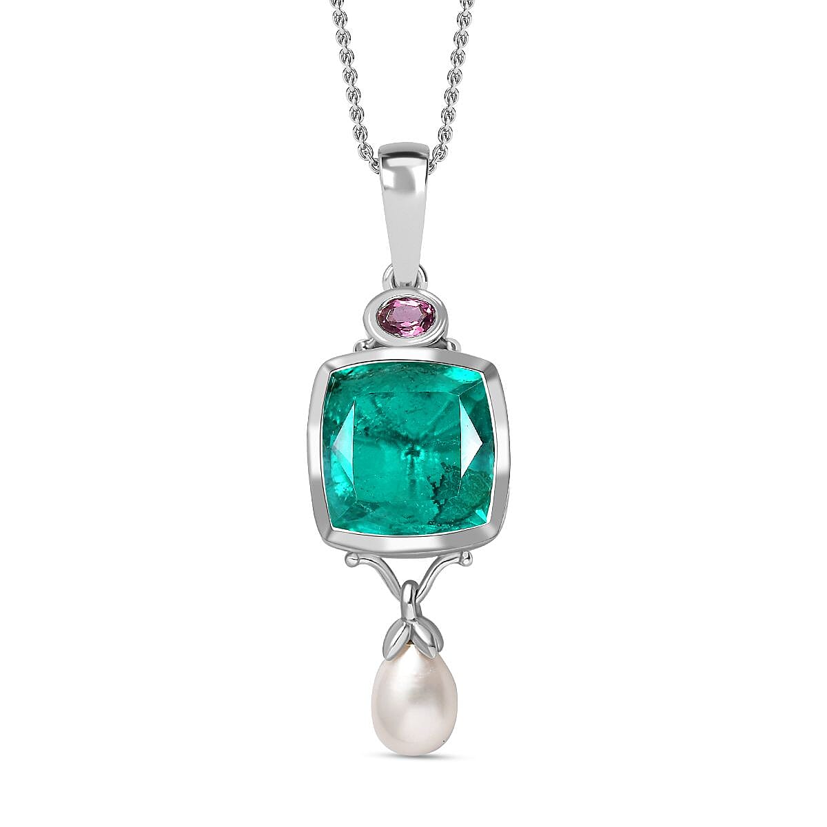 Emeraldine Quartz, Fresh Water Pearl and Lotus Garnet Pendant with Chain (Size 20) in Rhodium Overlay Sterling Silver 4290973 0