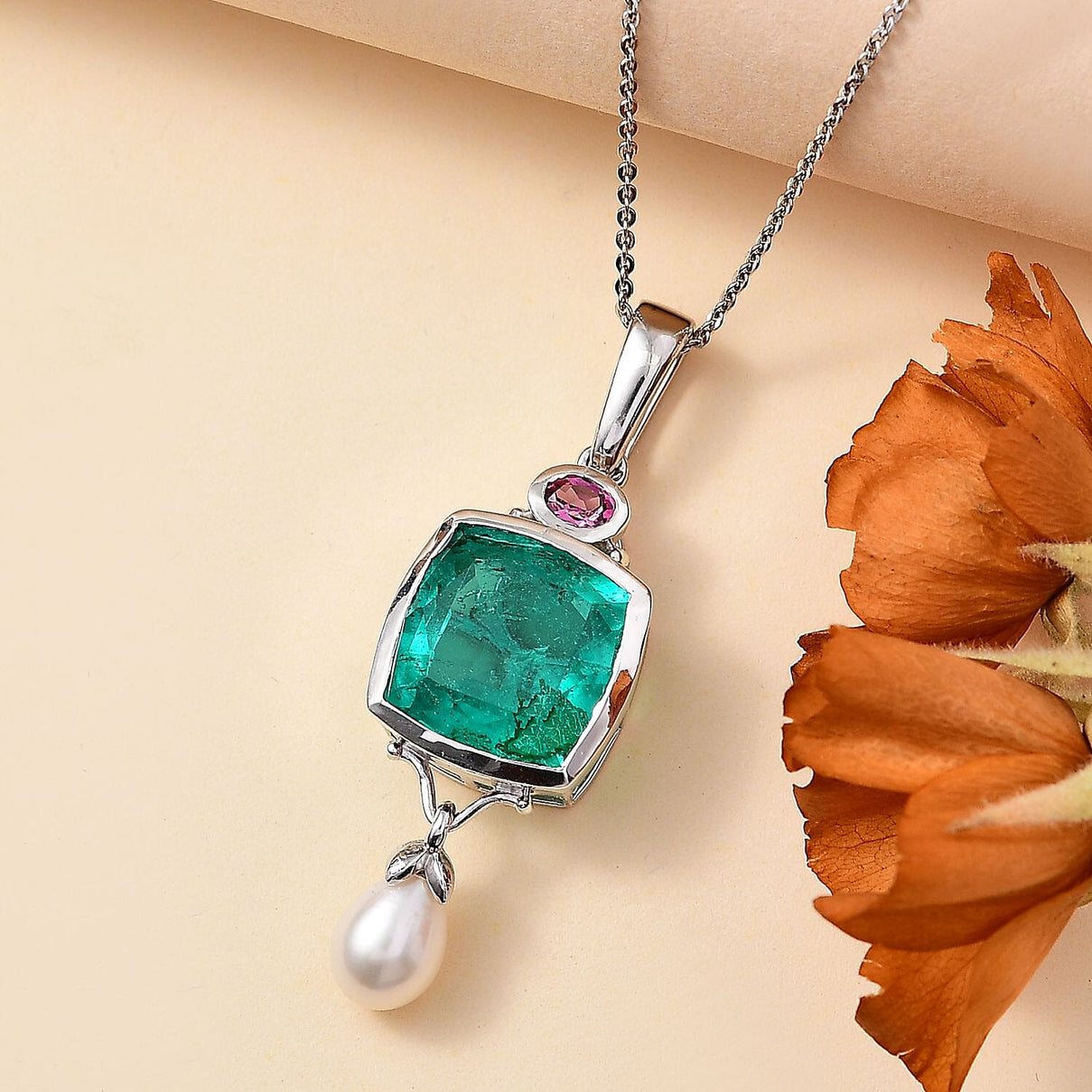 Emeraldine Quartz, Fresh Water Pearl and Lotus Garnet Pendant with Chain (Size 20) in Rhodium Overlay Sterling Silver 4290973 2