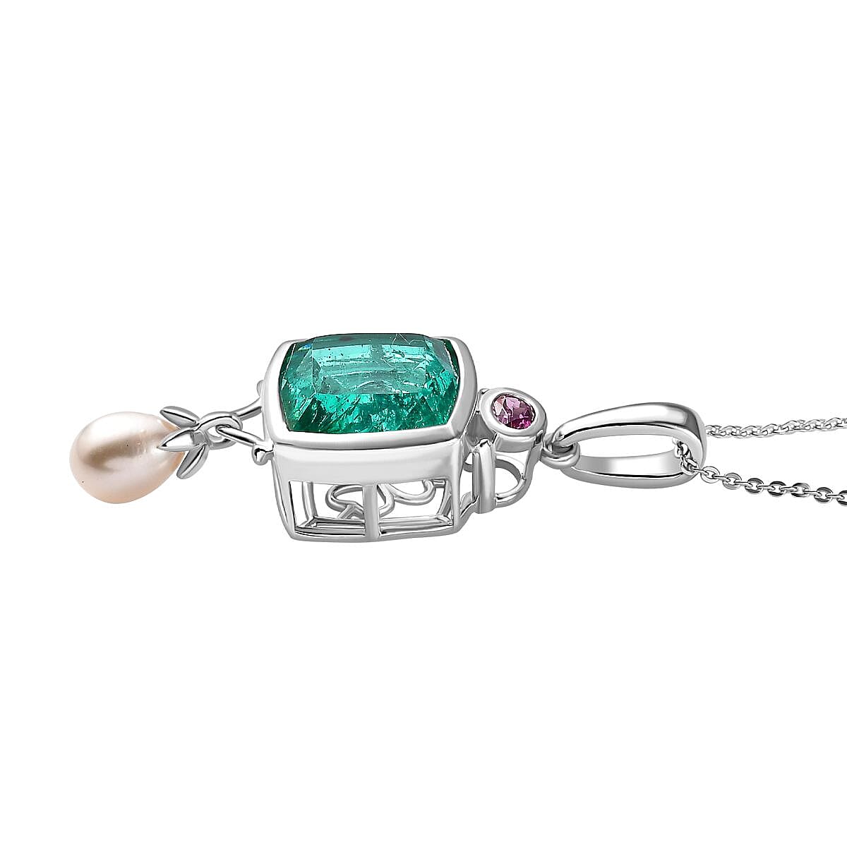 Emeraldine Quartz, Fresh Water Pearl and Lotus Garnet Pendant with Chain (Size 20) in Rhodium Overlay Sterling Silver 4290973 4