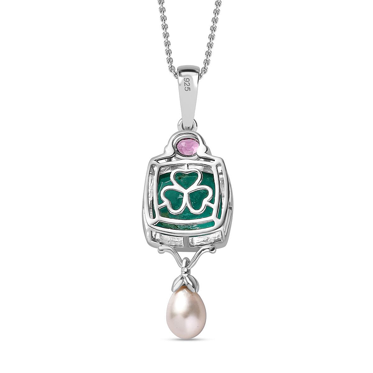 Emeraldine Quartz, Fresh Water Pearl and Lotus Garnet Pendant with Chain (Size 20) in Rhodium Overlay Sterling Silver 4290973 5