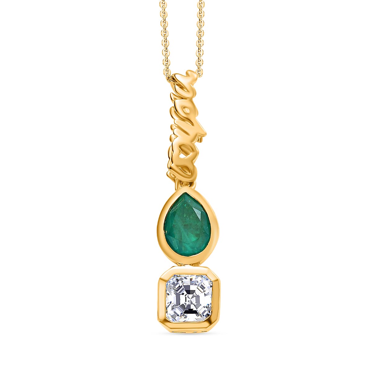 THE TOI ET MOI - GP - Art Deco Emeraldine Quartz, Moissanite Pendant with Chain (Size - 20) in 18K Vermeil Yellow Gold Plated Sterling Silver 2.80 Ct. 4336892 0