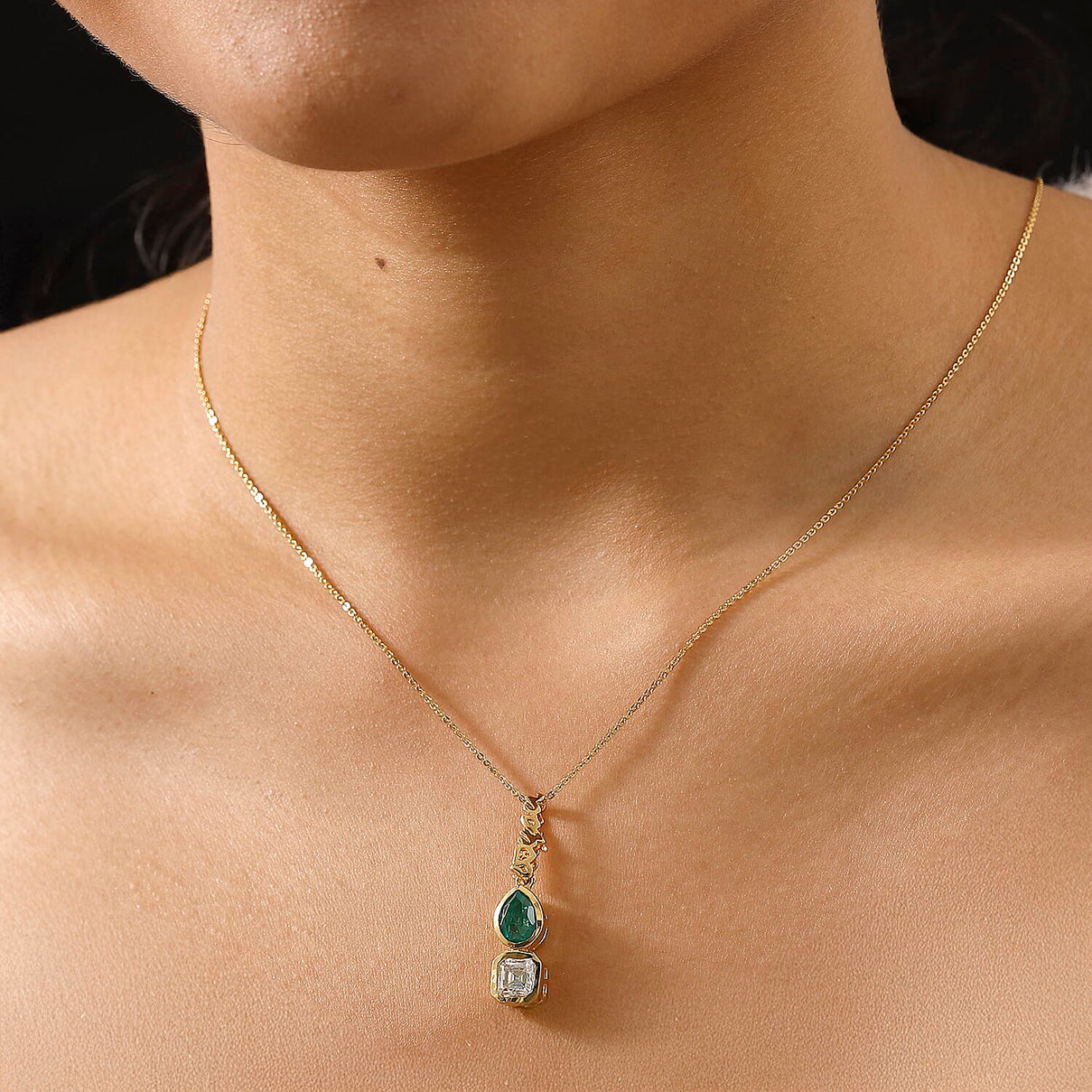 THE TOI ET MOI - GP - Art Deco Emeraldine Quartz, Moissanite Pendant with Chain (Size - 20) in 18K Vermeil Yellow Gold Plated Sterling Silver 2.80 Ct. 4336892 2